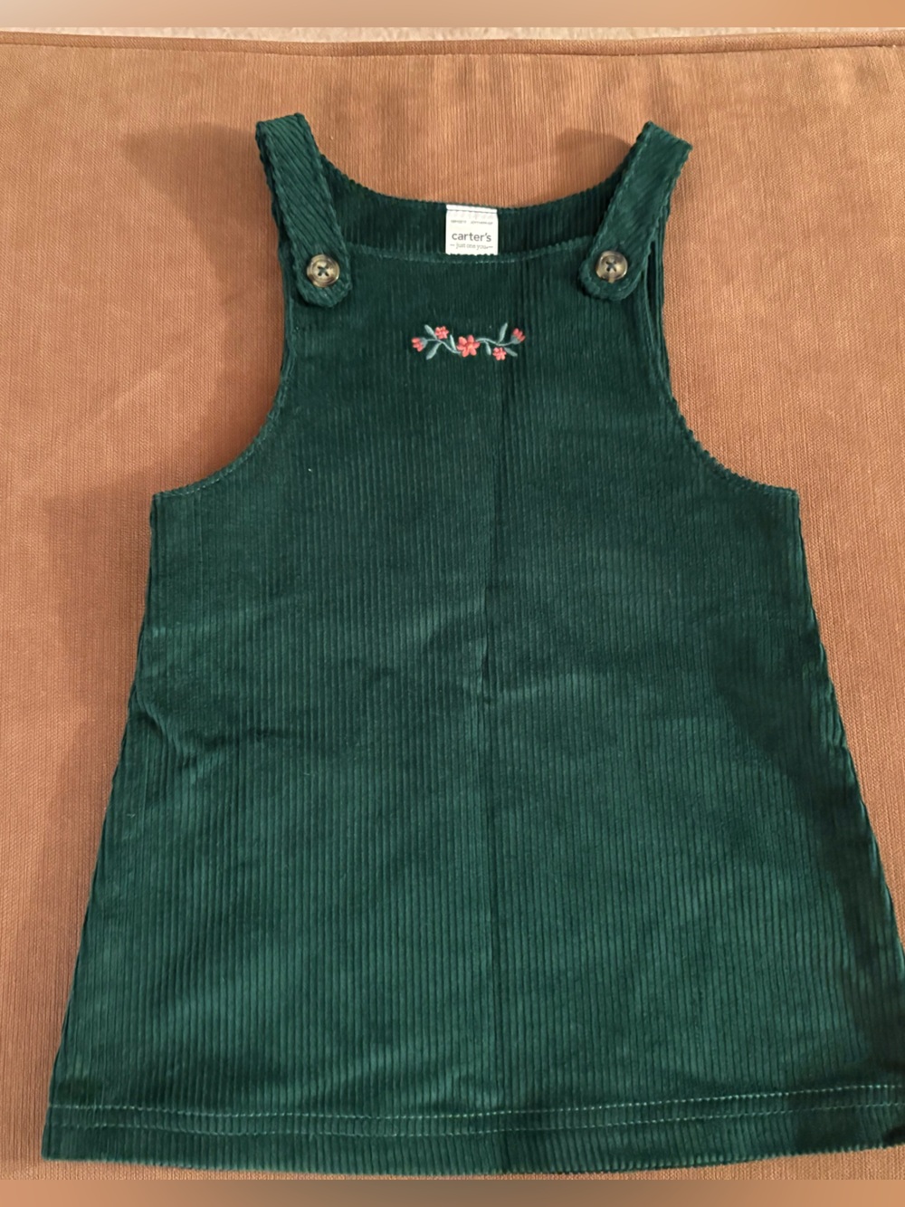 Carter's Forest Green Corduroy Pinafore with Pink Floral Stitching